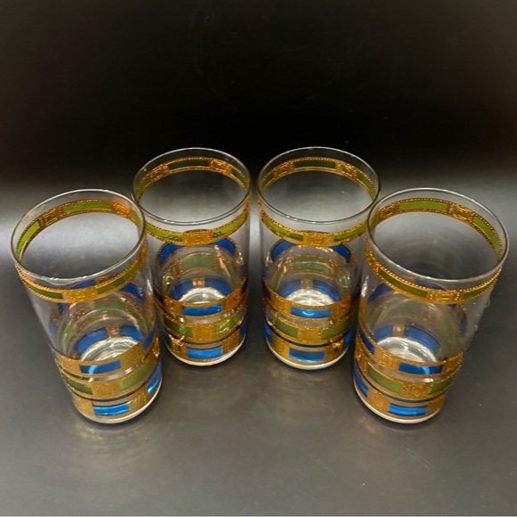 Set of 4 Vintage MCM MidMod CULVER Empress Blue Green 22K Gold Highball Glasses - Picture 4 of 16